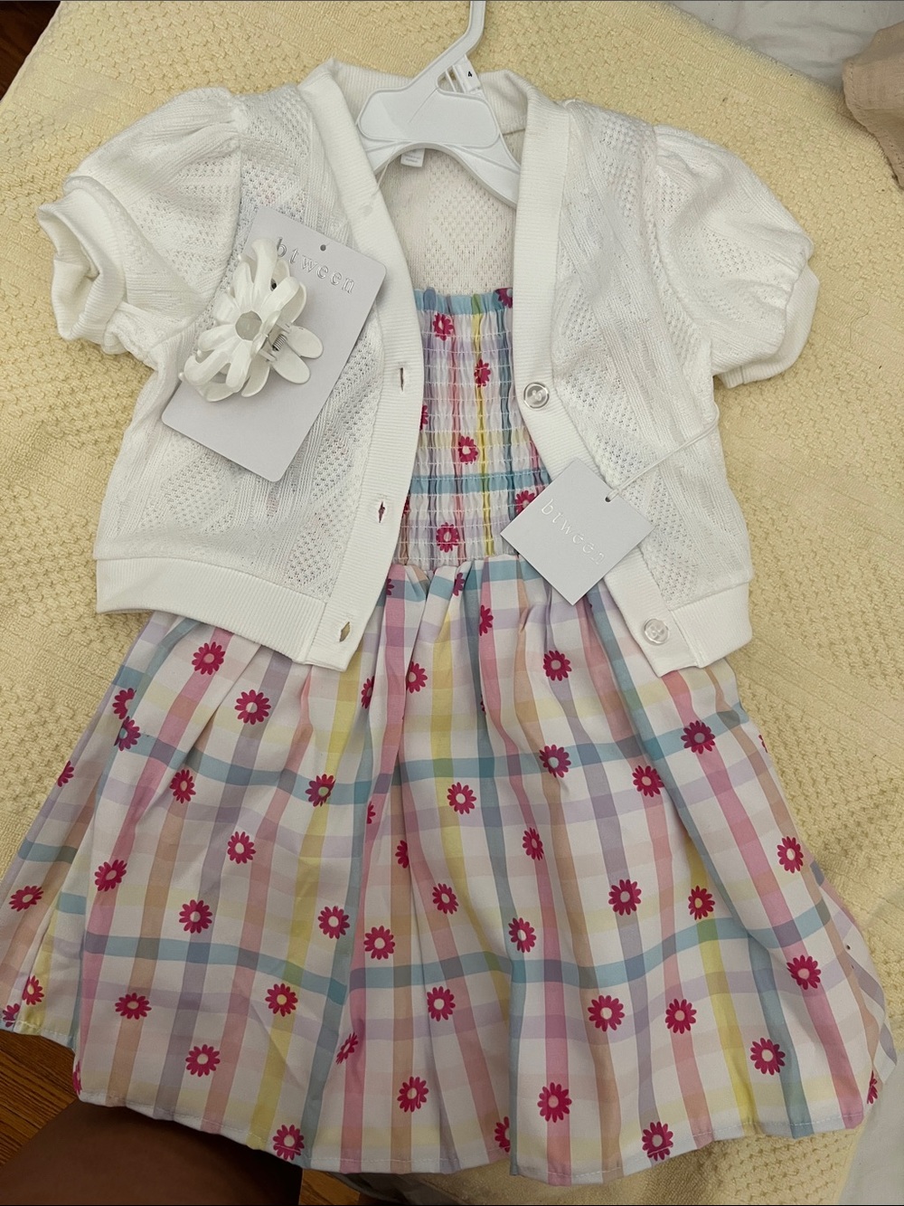btween White Cardigan with Pastel Plaid Sundress